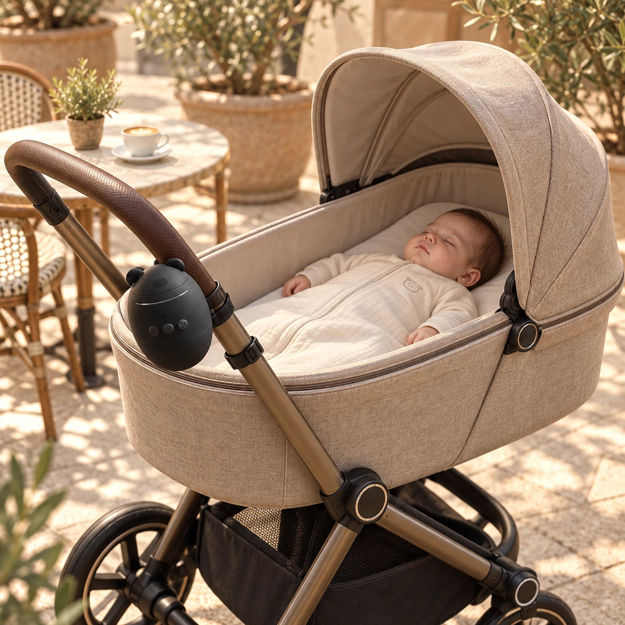 Baby Rocker sujeto al tubo exterior de un coche beige, con un bebé durmiendo boca arriba en su moisés