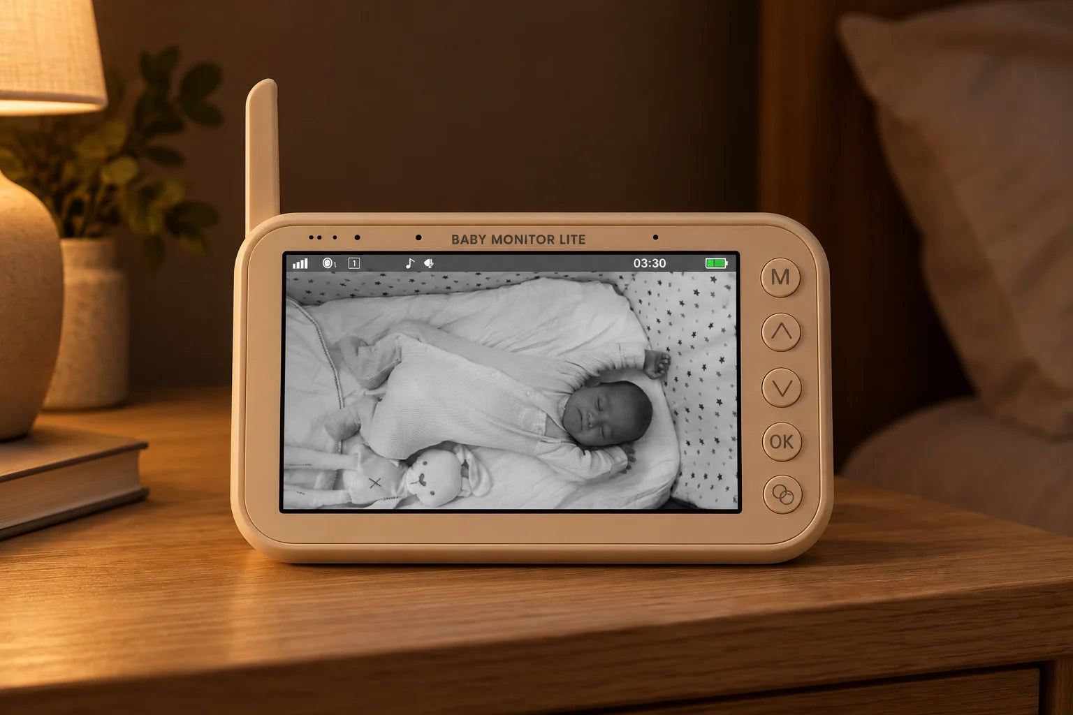 Monitor Lite beige en una mesa de noche mostrando a un bebé mediante visión infrarroja