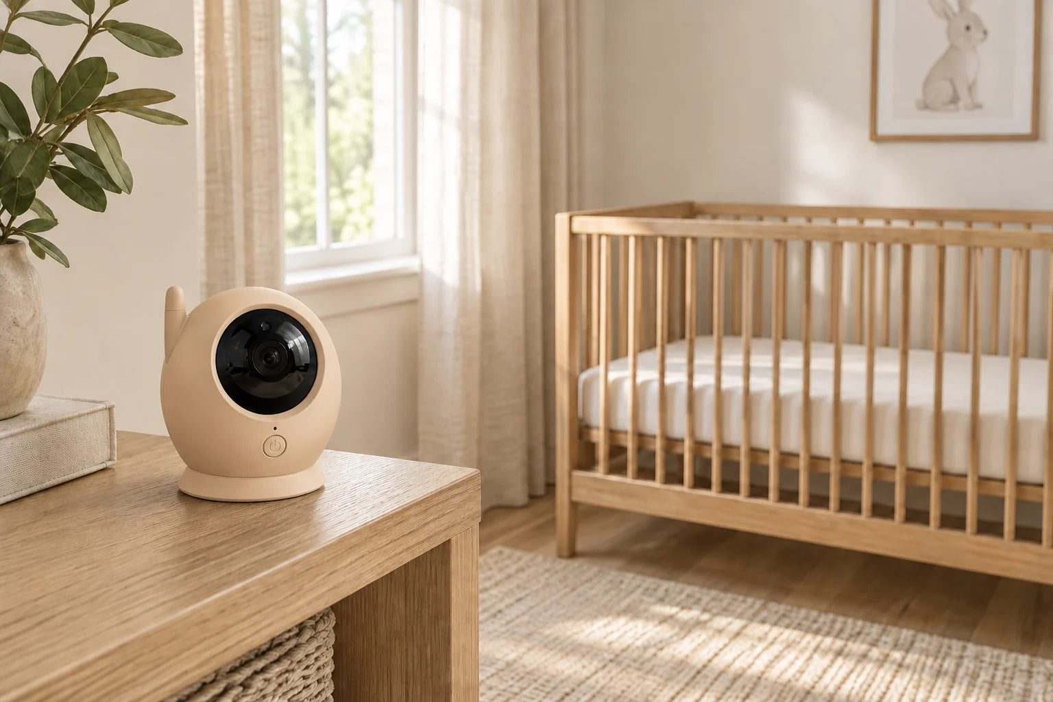Cámara Lite beige en una habitación de bebé con cuna de madera y tonos naturales