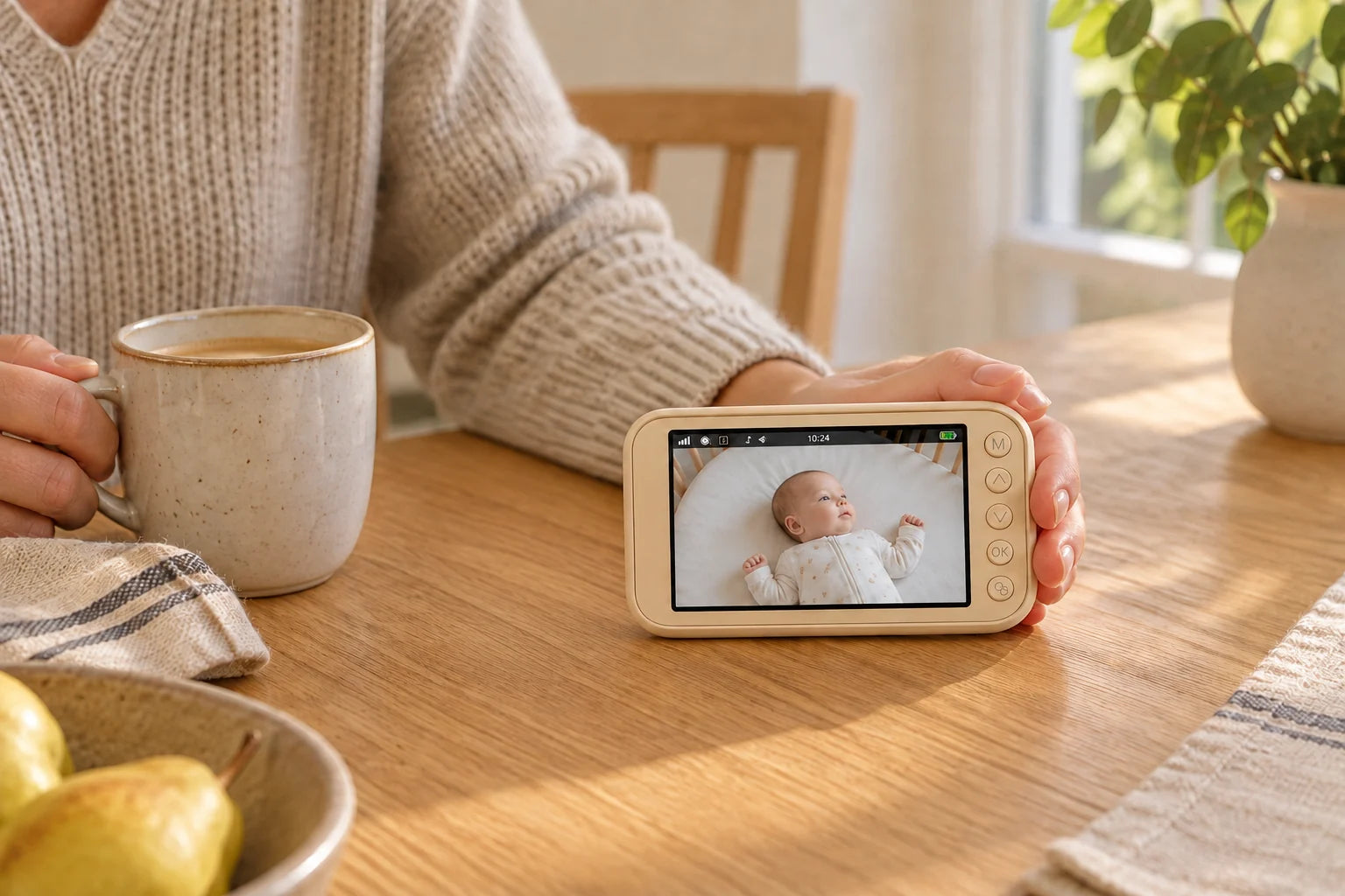 Una persona mira a su bebé desde el monitor beige mientras toma un café en otra habitación