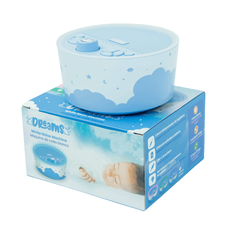 máquina de ruido blanco azul SoyMomo Dreams para bebés vista superior con caja