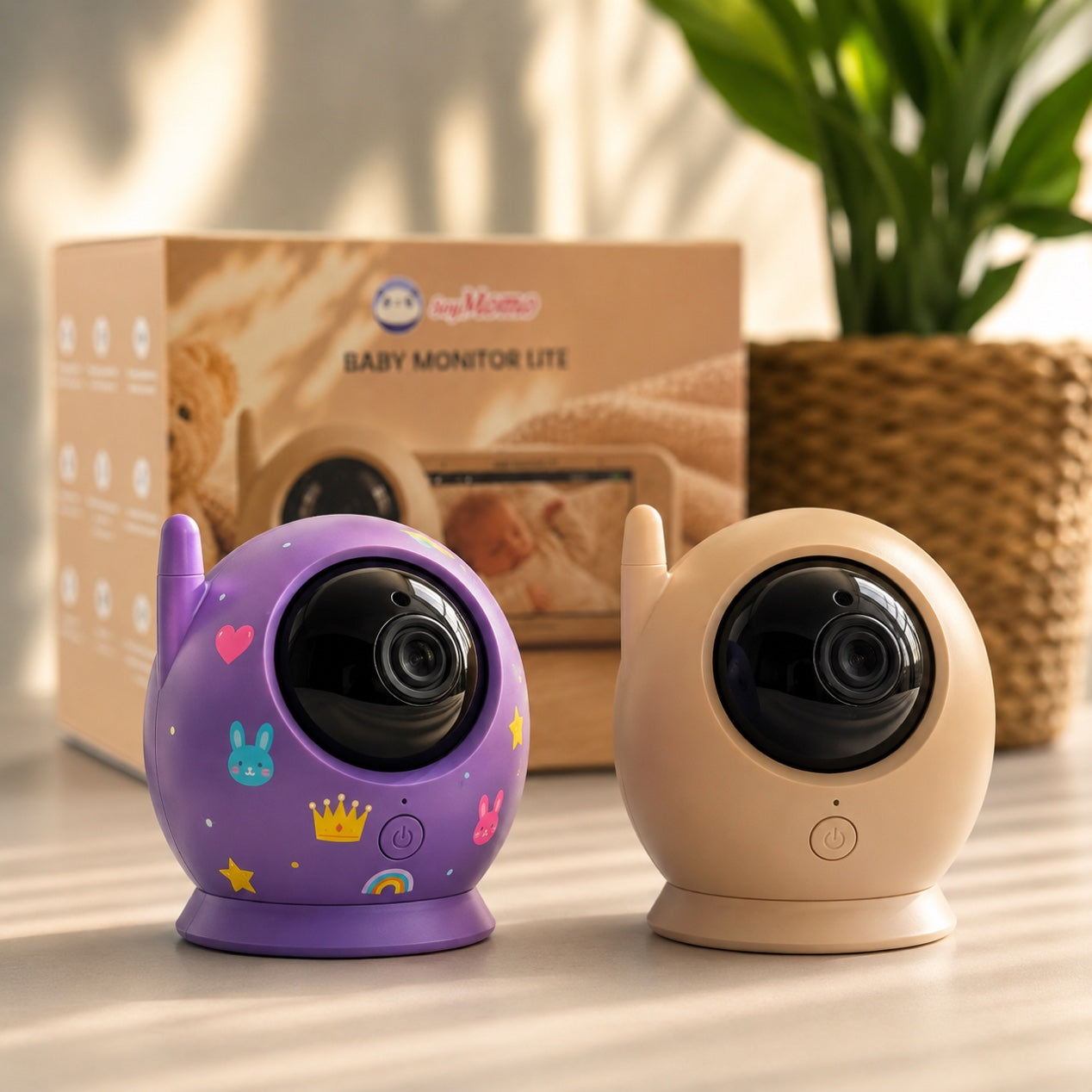 Baby Monitor Lite en colores lila, azul y beige con monitor