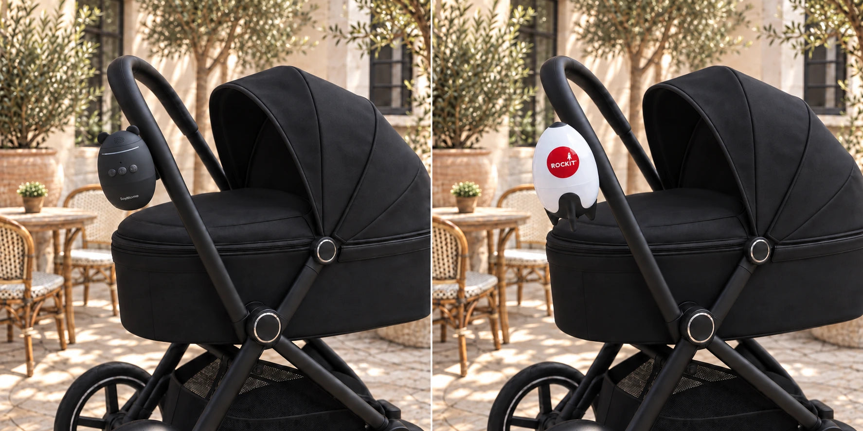 Baby Rocker SoyMomo compacto en un coche negro de diseño minimalista en una terraza