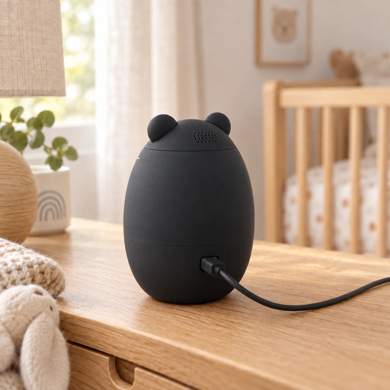 Baby Rocker sobre una mesita de madera en una habitación de bebé, con el cable USB-C conectado por detrás