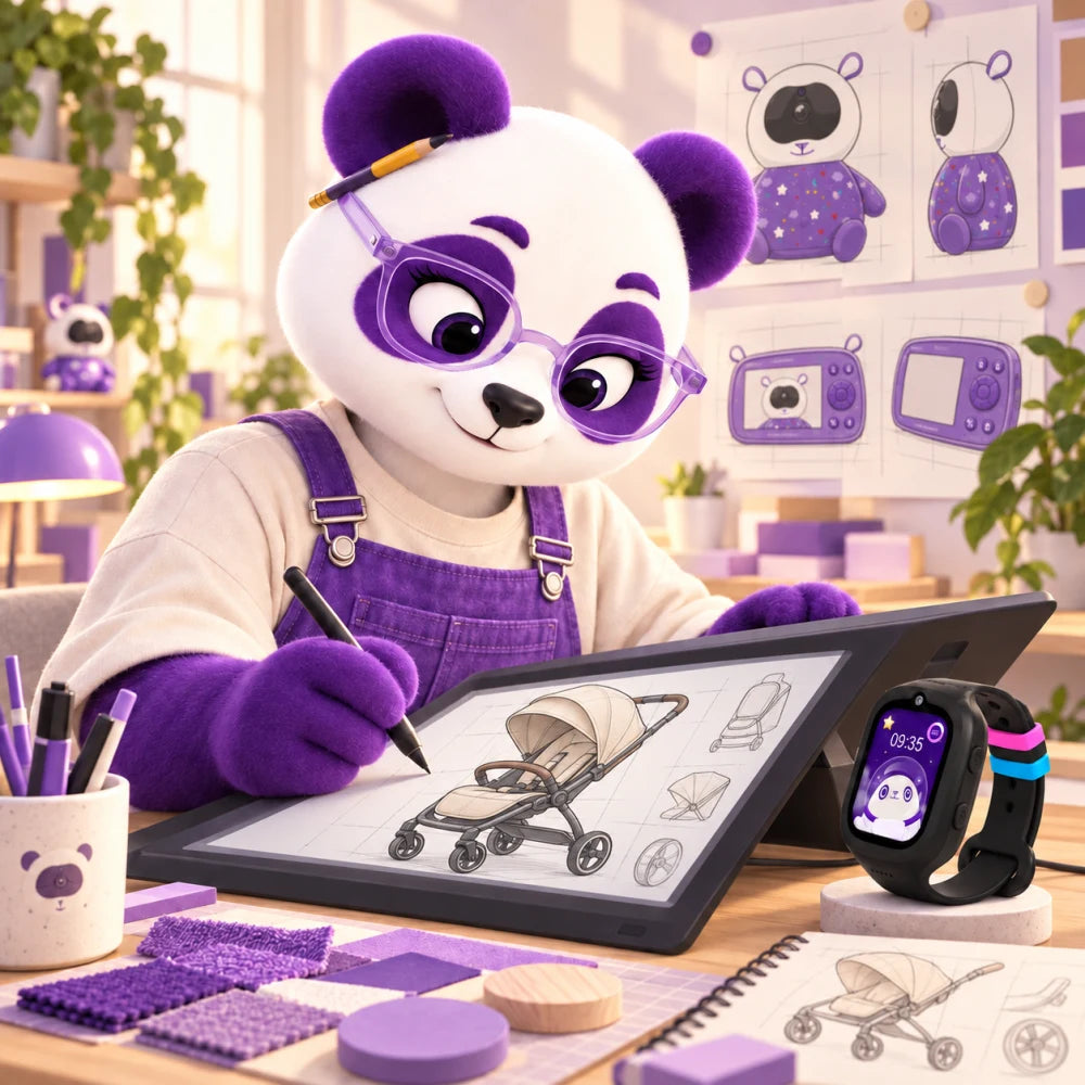 Panda diseñadora con jardinera morada creando un coche de bebé, con bocetos del Baby Monitor SoyMomo al fondo