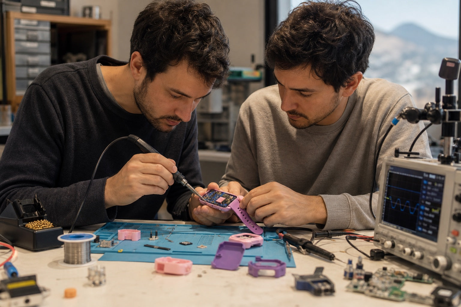 Representación conceptual del equipo de ingeniería trabajando en un reloj SoyMomo