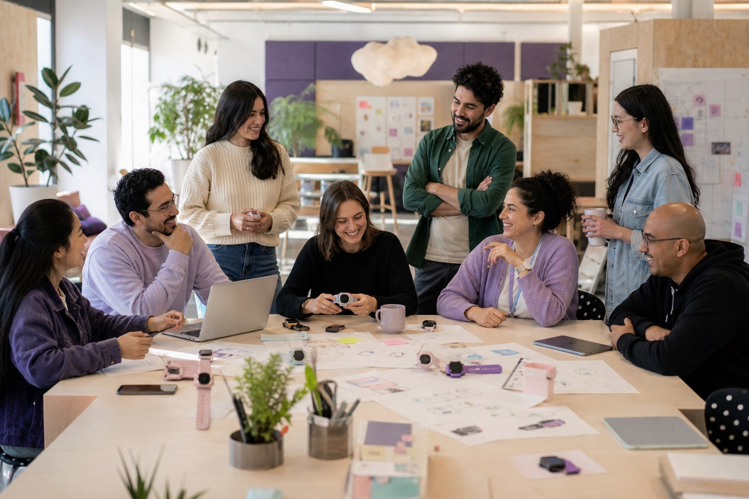Representación conceptual del equipo SoyMomo colaborando en nuevos productos