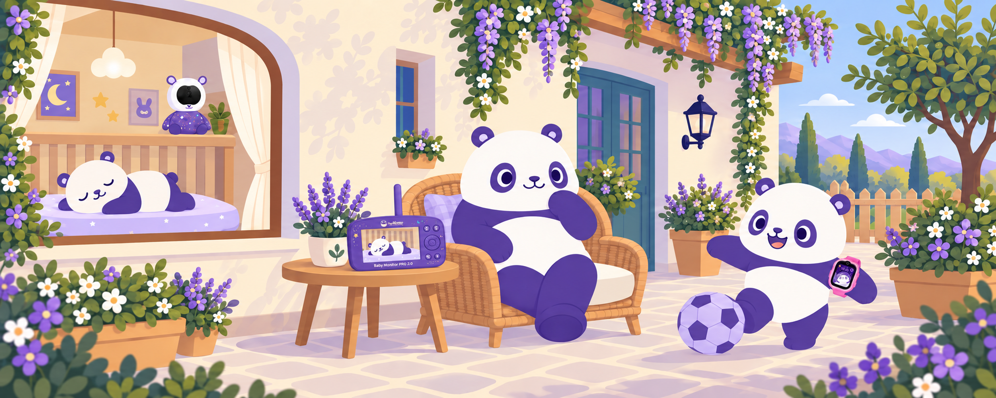 Bebé panda descansando en su cuna con cámara morada dentro de la habitación; mamá en el patio con su monitor y su hijo jugando con un reloj SoyMomo.