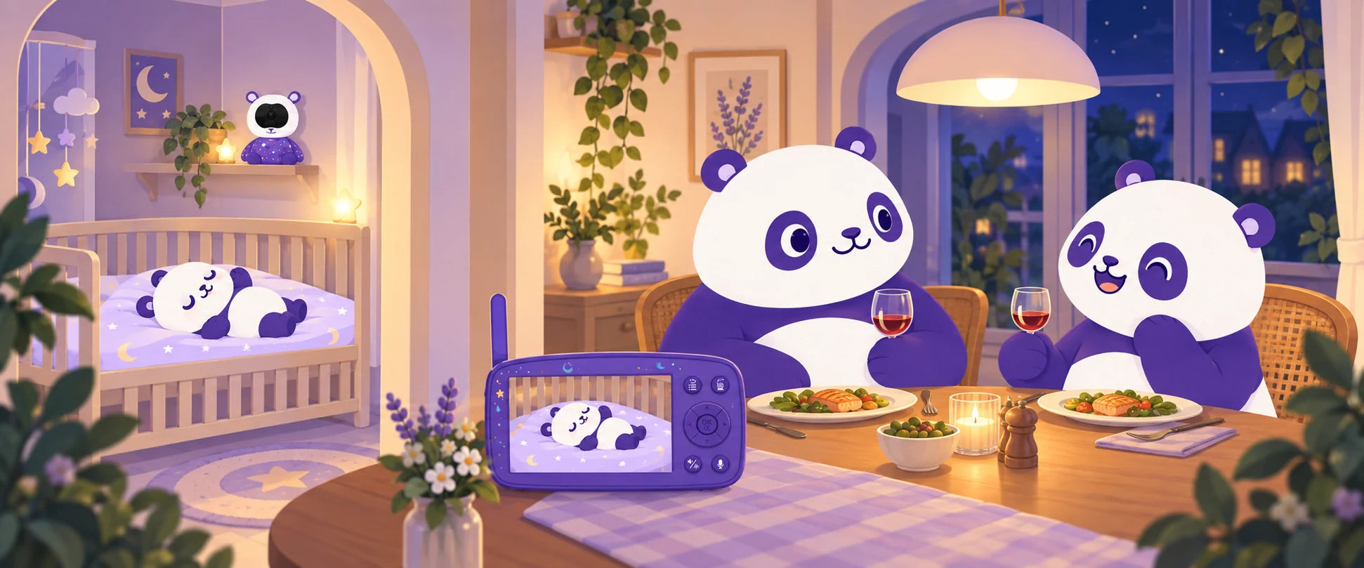 Papás panda cenando con su Baby Monitor mientras su bebé duerme en la cuna.