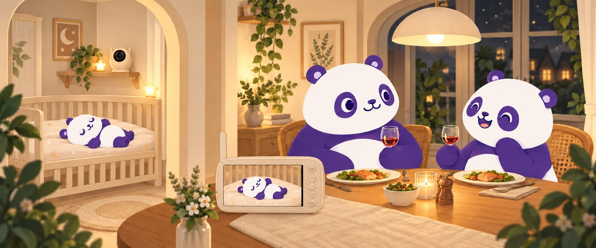 Papás panda cenando con su Baby Monitor Lite beige mientras su bebé duerme, en una habitación de tonos cálidos.