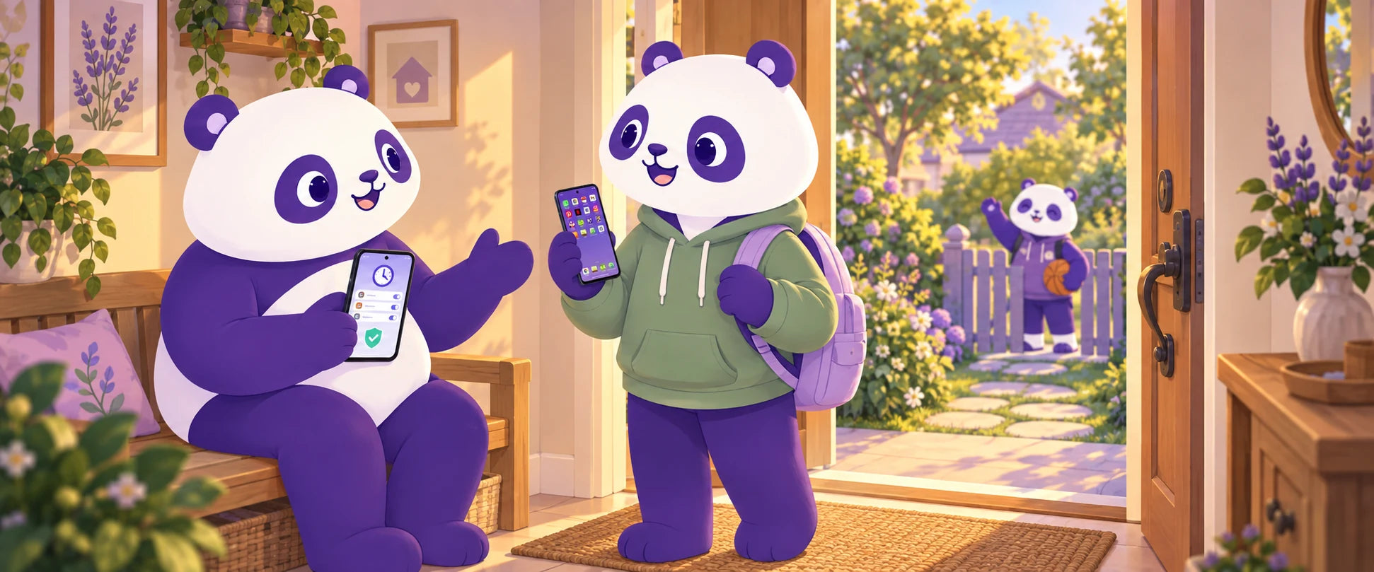 Un adolescente panda conversa con su papá sobre el uso de su MomoPhone antes de salir con un amigo.