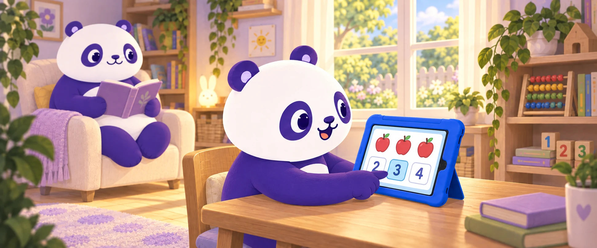 Un niño panda aprende a contar con su tablet SoyMomo mientras su mamá lee cerca.