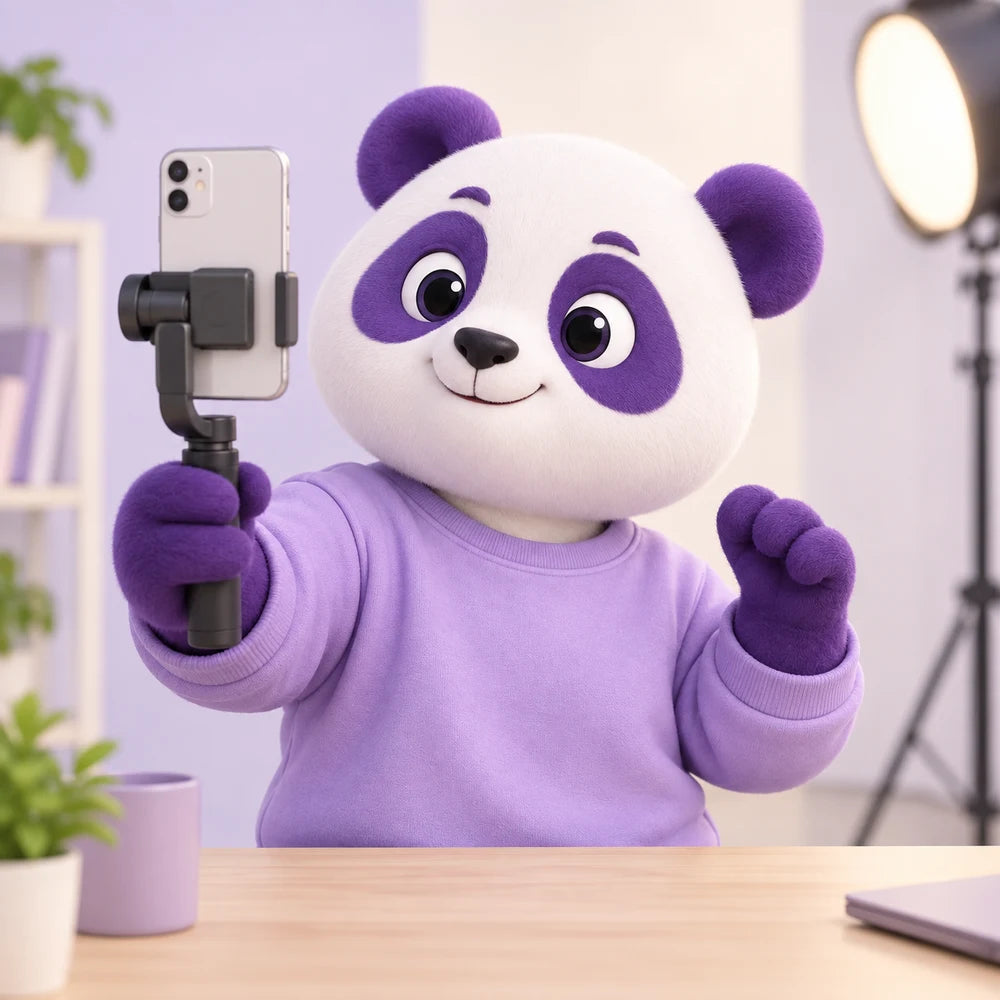 Panda morado SoyMomo grabando con un teléfono