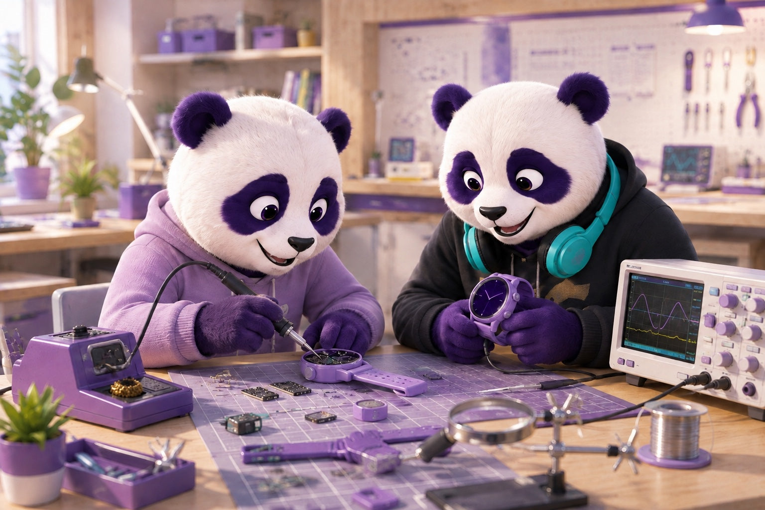 Dos pandas morados del equipo de ingeniería trabajando en un reloj SoyMomo