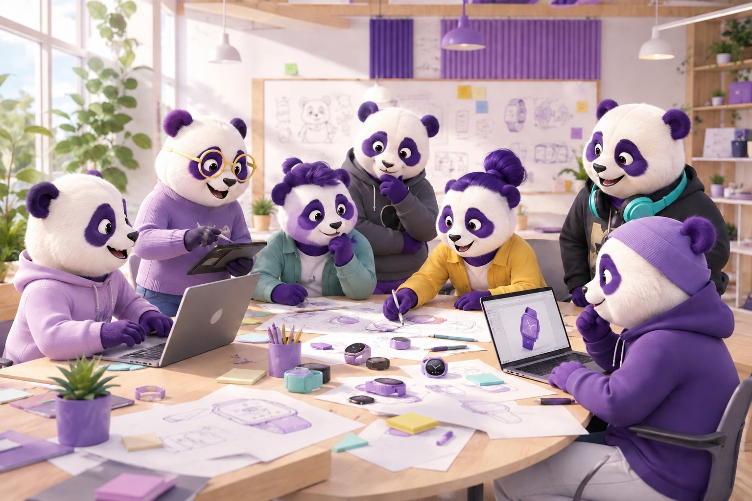 Equipo de pandas morados SoyMomo colaborando en nuevos productos